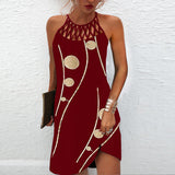 LANFUBEISI Sexy Mini Dress Women Fashion Printed Halter Hollow Out Sleeveless Dresses Elegant Boho Dress Female Beach Party Dress Vestidos LANFUBEISI