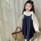 New Spring Girls Dress Suit Children's Clothing Sets Kids Embroidery Lapel Shirt and Denim Strap Dress 2PCS Outfit LANFUBEISI