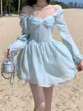 LANFUBEISI Long Sleeve Dress Female Blue Sweet A-Line Summer High Waist Vintage Slim Fairy Dress Princess Dress Sundress Beachwear Holiday Fairy Dress LANFUBEISI