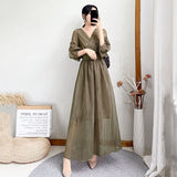 Lucyever Korean V-neck Maxi Dresses for Women Elegant Chic High Waist Party Midi Dress Woman Summer Solid A-line Dress LANFUBEISI