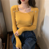 Korean Solid Slim Pullover Autumn Long Sleeve Knitted Tops Fashion Button Square Collar White Sweater Women Clothes Jumper LANFUBEISI