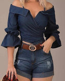 Spring Women Top Sexy suspenders Elegant blue Tie Front Wrap Top V Neck Long Sleeve Blouse LANFUBEISI