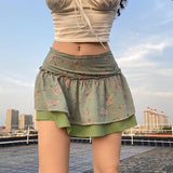 Y2K Vintage Bust Skirt Women Girls Retro Floral Printing Double Layer Splicing Short Half Skirt for Dating Shopping LANFUBEISI