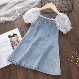 LANFUBEISI Baby Girl Clothes Menoea 2022 Princess Denim Dresses for Baby Girl Clothing New Summer Toddler Pearl Lace Patchwork Princess Dress for Kids 2-7Y LANFUBEISI