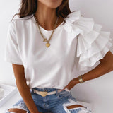 Fashion blouse women elegant white Solid Color Layered Ruffle Short Sleeve Asymmetric Loose T-shirt Top for Summer Women Blouses LANFUBEISI