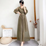 Lucyever Korean V-neck Maxi Dresses for Women Elegant Chic High Waist Party Midi Dress Woman Summer Solid A-line Dress LANFUBEISI