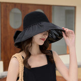 Summer New Women Bucket Hat UV Protection Sun Hats Solid Color Soft Foldable Wide Brim Outdoor Beach Panama Cap Ponytail Caps LANFUBEISI