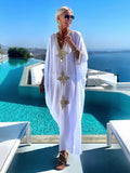 LANFUBEISI White Maxi Dress Swimsuit Cover Up V Neck Gold Embroidery Long Dress Robe Plage Kaftan Sarong Beachwear Pareo Cover-up