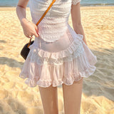Kawaii Cute Ruffle Skirt Women Pink Sweet High Waist Lace Patchwork Fairycore Mesh A-line Mini Skirt Summer Mori Girl LANFUBEISI