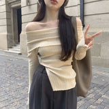 Pure Slash Neck Sexy Sweater Pullovers Women Autumn Irregular Casual Popular Temper Slim Cropped Comfort Knitwear Ulzzang Chic LANFUBEISI