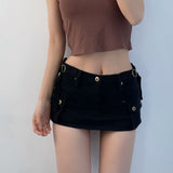 Denim Cargo Mini Skirt Women Korean Style Low Waist Slim Sexy Vintage Streetwear Green Jean Skirt Y2k Girl Summer LANFUBEISI