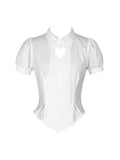 Korean Slim White Shirt Tunics Woman Sexy Heart Hollow Out Cute Puff Sleeve School Shirt Preppy Style Tops Jk Uniform LANFUBEISI