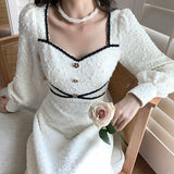 LANFUBEISI Vintage Button Dresses for Women Fairy Midi Party Dress Evening Office Lady Design One Piece Dress Elegant Korean Spring