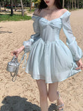 LANFUBEISI Long Sleeve Dress Female Blue Sweet A-Line Summer High Waist Vintage Slim Fairy Dress Princess Dress Sundress Beachwear Holiday Fairy Dress LANFUBEISI