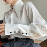 LANFUBEISI Autumn Vintage Satin Silk Women Shirt Elegant Turn Down Collar Woman Blouse White Long Sleeve Ladies Shirts Tops Blusas 16946
