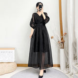 Lucyever Korean V-neck Maxi Dresses for Women Elegant Chic High Waist Party Midi Dress Woman Summer Solid A-line Dress LANFUBEISI