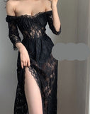 LANFUBEISI Boho Korean New Mature Woman Sexy Square Collar Lace Mesh Transparent High Waist Split Goddess Full Sleeve Long Dress Dresses 8P LANFUBEISI