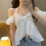 Cropped Shirts Women Summer Sweet Backless Trendy Solid Tender Slash Neck Sexy French Style Leisure All-match Classic Cute Chic LANFUBEISI