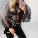 Women Mesh Puff Sleeve Tops Shirt New Summer Spring Ladies Sexy Casual Perspective Blouse Tops See Through Female Blusas LANFUBEISI