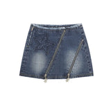 Vintage Denim Mini Skirt Women Solid High Waist A-line Zipper Distressed Streetwear Jean Skirt 2000s Fashion Summer LANFUBEISI