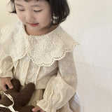 Spring Autumn baby girls lace Hollow out shirts 2-7 Years Girl cotton embroidery Lapel long sleeve blouses Tops LANFUBEISI