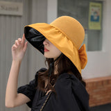 Summer New Women Bucket Hat UV Protection Sun Hats Solid Color Soft Foldable Wide Brim Outdoor Beach Panama Cap Ponytail Caps LANFUBEISI