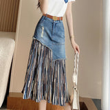 Lucyever Summer Irregular Jeans Skirts Women Korean Fashion High Waist Patchwork Tulle Skirt Woman Y2K Pockets Long Denim Skirts LANFUBEISI