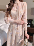 Spring Elegant V-Neck Midi Dress Female Long Sleeve Slim One Piece Dress Korean Fashion Vintage Floral Chiffon Dress Y2k LANFUBEISI
