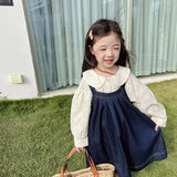 LANFUBEISI New Spring Girls Dress Suit Children's Clothing Sets Kids Embroidery Lapel Shirt and Denim Strap Dress 2PCS Outfit