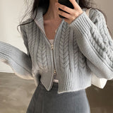 Autumn Winter Women's Clothing Korean INS Long Sleeve Polo Collar Sweater Coat Retro Double Zipper Twists Knitted Cardigan LANFUBEISI