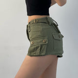 Denim Cargo Mini Skirt Women Korean Style Low Waist Slim Sexy Vintage Streetwear Green Jean Skirt Y2k Girl Summer LANFUBEISI