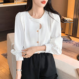 LANFUBEISI Casual Hollow Shirt Elegant Office Lady Tops Autumn Long Sleeve Blouse Fashion Chic Round Collar Solid Loose Women Clothes