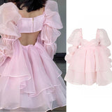 Women French Style Backless Princess Dresses Puff Sleeve Empire Waist Pink Organza Dress Ball Gown Summer Holiday Party Dress LANFUBEISI