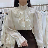 LANFUBEISI Spring Autumn Basic Shirts Blouses Women Fashion Long Sleeve Elegant Office Lady Work Solid White Ruffled Chic Tops Blusas