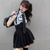 Preppy Style Womens Two Piece Sets Shirt Sexy Outfit High Waist Corset Strap Pleated Skirt Vintage School Uniform Suit LANFUBEISI