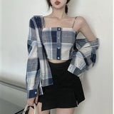 Spring Simplicity Plaid Turn-down Collar Long Sleeve Blouse Women Clothes Casual Buttons Slim Sling T-Shirt Two-piece Dress Tops LANFUBEISI