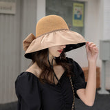 Summer New Women Bucket Hat UV Protection Sun Hats Solid Color Soft Foldable Wide Brim Outdoor Beach Panama Cap Ponytail Caps LANFUBEISI