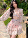 LANFUBEISI Spring Summer Sweet Two Piece Set Sexy Backless Shirt Crop Top + Cake Skirt Suits Floral Chiffon Boho Beach Outfits  Fairy Dress  For Women LANFUBEISI