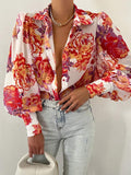 LANFUBEISI Women's Floral Print Puff Sleeve Shirt Female Elegant Casual V Neck Shirts Spring Summer Fashion Office Ladies Tops Blouses