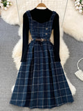 LANFUBEISI High Quality Fall Winter Women Sweater Overalls Dress Sets Casual Knitted Tops +Plaid Woolen Dress 2 Piece Sets Outfits Female