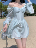 LANFUBEISI Long Sleeve Dress Female Blue Sweet A-Line Summer High Waist Vintage Slim Fairy Dress Princess Dress Sundress Beachwear Holiday Fairy Dress LANFUBEISI