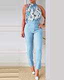 Sexy Off Shoulder Sleeveless Shirt Pants Set Office Lady Casual Floral Print Tops Solid Trousers Two Piece Set Women Outfit 2023 LANFUBEISI