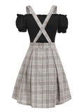 Off The Shoulder Tee and Crisscross Plaid Suspender Skirt Set Two Piece Dress Top and Skirt Set LANFUBEISI