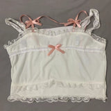 Pink Japanese Kawaii Lolita Crop Top Women White Korean College Style Sweet Tank Top Bow Lace France Princess Vset Female 2022 LANFUBEISI