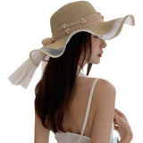 New Korean Style Woman Straw Gauze Joint Bow Ribbon Large Brim Sunshade Ins Celebrity Outing Fashion Beach Holiday Glacier Hat LANFUBEISI