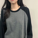 New Female T-shirt Round collar Contrast Color Long Sleeve T Shirt Women spring  T-Shirts For Women Patchwork T Shirt LANFUBEISI