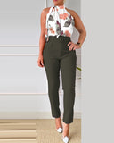 Sexy Off Shoulder Sleeveless Shirt Pants Set Office Lady Casual Floral Print Tops Solid Trousers Two Piece Set Women Outfit 2023 LANFUBEISI