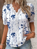 Casual V Neck Lace Hollow Out Shirt Blouse Office Lady Summer Elegant Floral Print Short Sleeve Shirts For Women 2023 White Tops LANFUBEISI