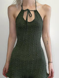LANFUBEISI Knitted Fairy Grunge Green Folds Mini Dresses Gothic Retro Backless A-Line Women Dress Sexy Halter Lettuce Hem Outfits