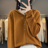 High End Cashmere 23 Autumn/Winter New Thin Coat Women's 100%Wool  Hooded Sweater With Button Up Casual Loose Cardigan Versatile LANFUBEISI